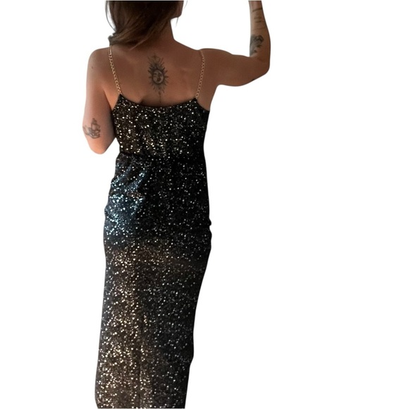 Black Sparkle Bodycon Midi Dress L Faux Wrap Gold Chain Straps, NYE Holiday Glam - Picture 3 of 10